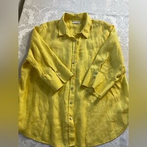 Chico's Shirt Womens Large Yellow 100% Linen Button Up 3/4 Sleeve Coastal Beach